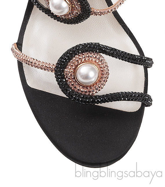 Rene Caovilla Pearl & Rose Gold Crystal Black Satin Sandals