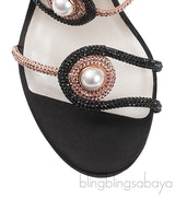 Rene Caovilla Pearl & Rose Gold Crystal Black Satin Sandals