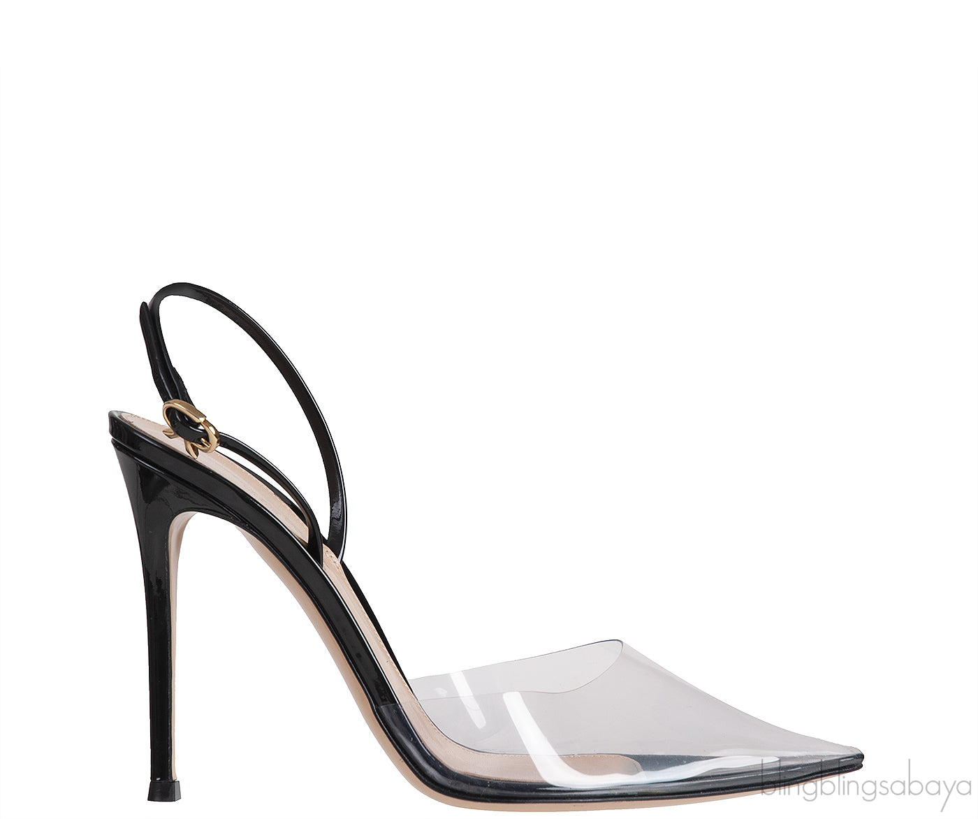 PVC Black Slingback Pointed Toe Heels