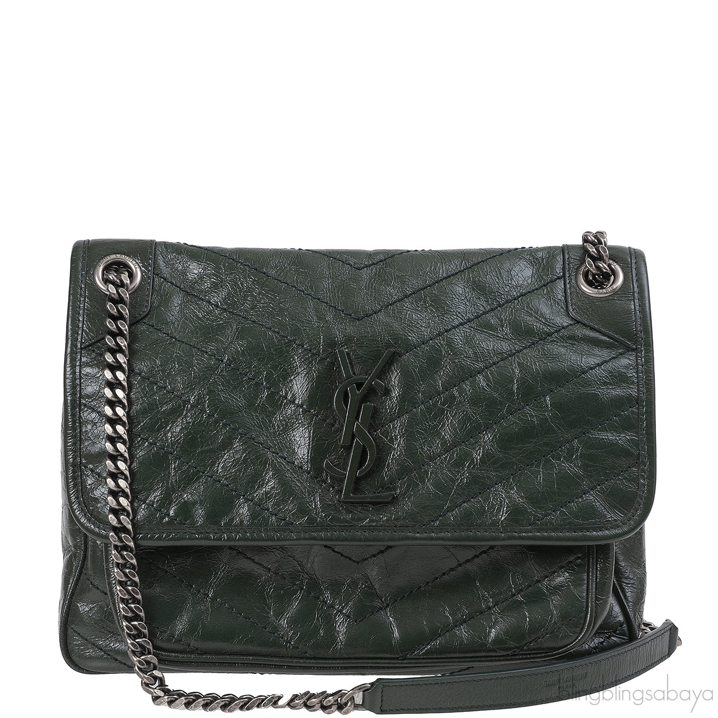 Yves Saint Laurent  Nikki Forest Green Medium Crinkled Leather Shoulder Bag
