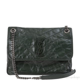 Yves Saint Laurent  Nikki Forest Green Medium Crinkled Leather Shoulder Bag