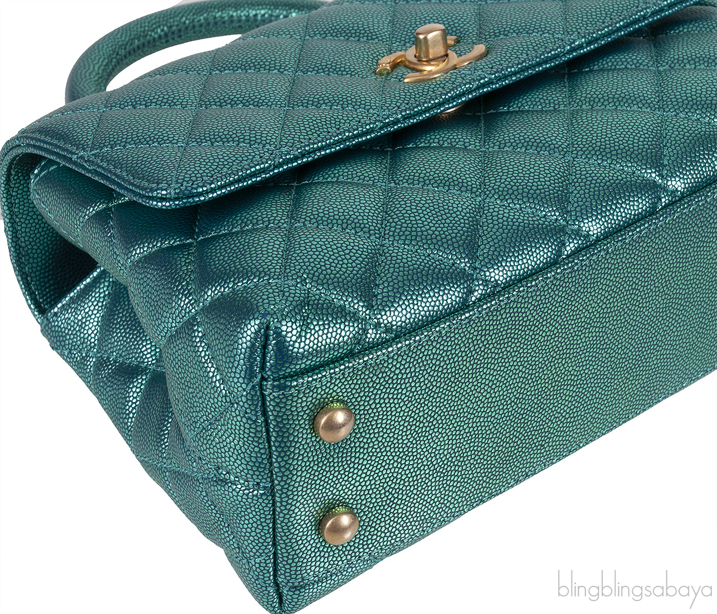 Metallic Green Quilted Caviar Leather Small Coco Top Handle Bag