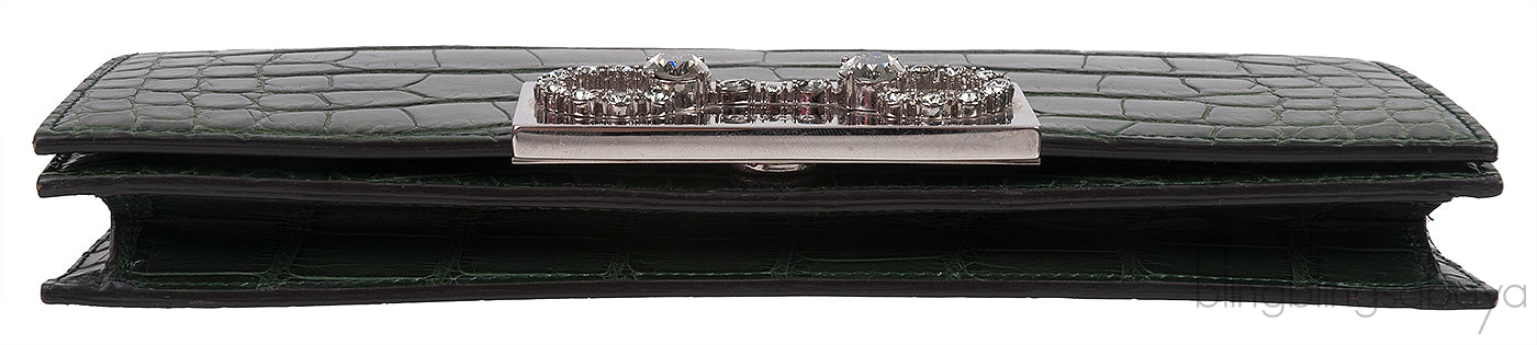 Crystal Embellished Horsebit Green Crocodile Mini Clutch