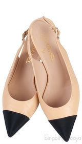 Beige Leather/Black Canvas Slingback Shoes