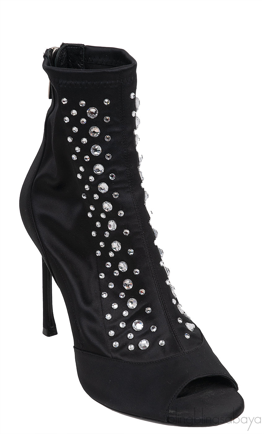 Black Satin Crystal Embellished Peep Toe Boots