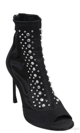 Black Satin Crystal Embellished Peep Toe Boots