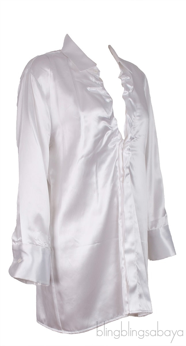 Pearl White Silk Satin Long Sleeve Shirt
