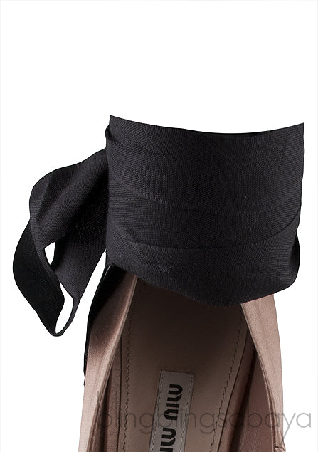 Nude Satin Black Strap Heels