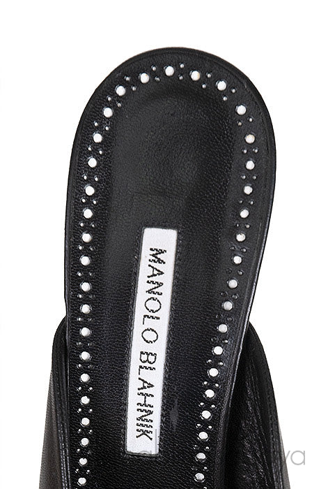 Black Leather Twisted Vamp Peep Toe Mule