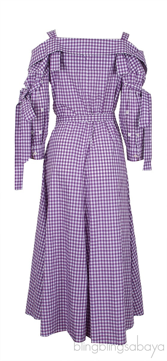 Purple Checkered Print Off-Shoulder Dress