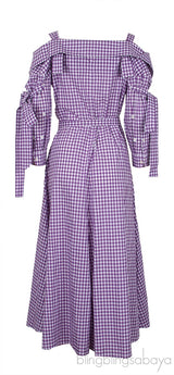 Purple Checkered Print Off-Shoulder Dress