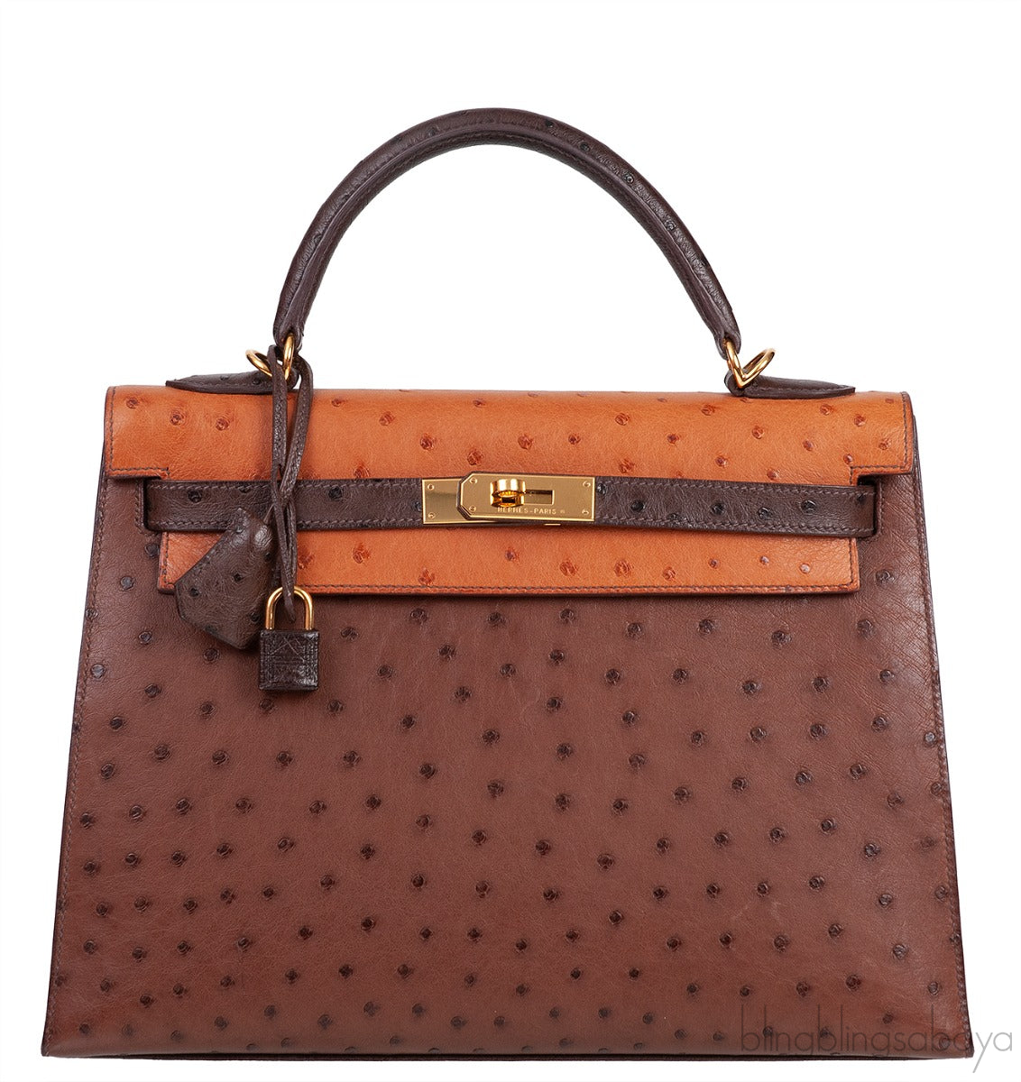 Hermes Kelly 32 Chocolate Natural and Dark Brown Ostrich GHW
