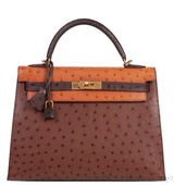 Hermes Kelly 32 Chocolate Natural and Dark Brown Ostrich GHW