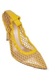 Mustard Leather Trimmed Fishnet Pump
