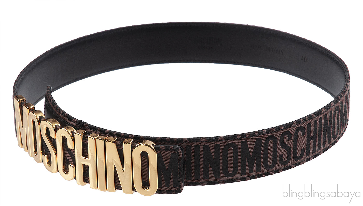 Moschino Brown Jacquard Metallic Logo Buckle Belt