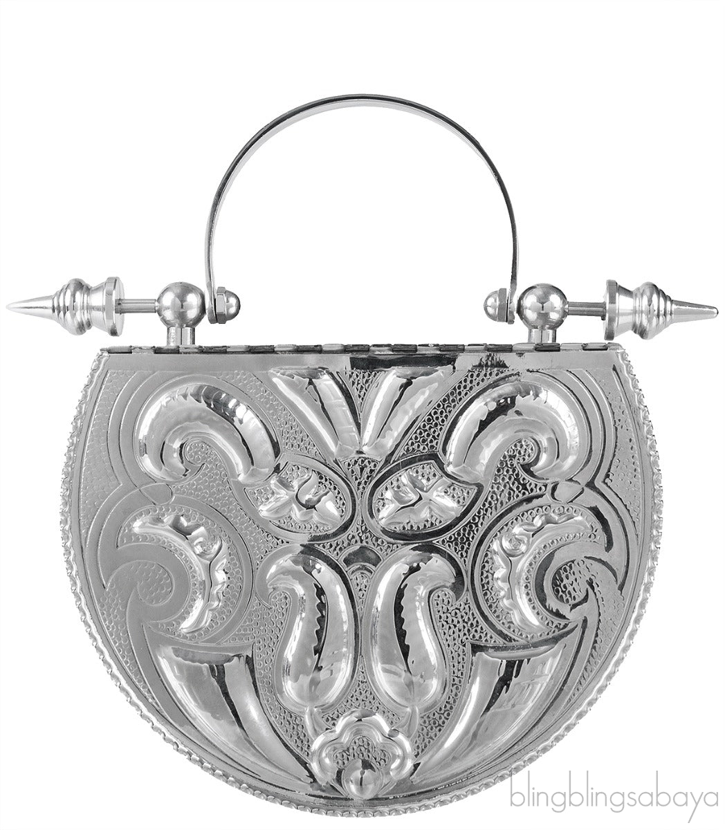 Silver Palmette Oval Minaudiere Clutch