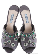 Grey Floral Crystal Slip on Sandals