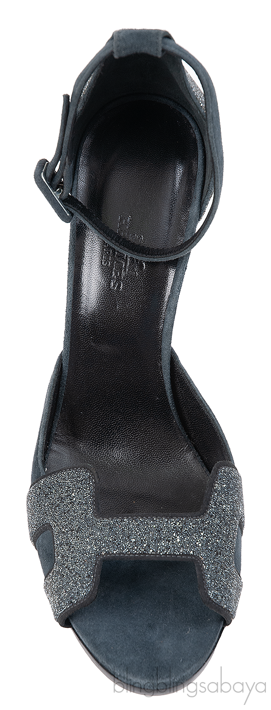 Hermes Premiere Glitter Blue Grey Suede Sandals