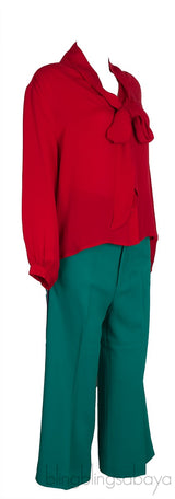 Red Pussy Bow Longsleeve Blouse & Green Trouser