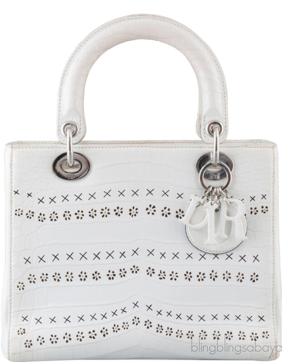 Christian Dior Lady Dior White Printed Crocodile Medium Bag