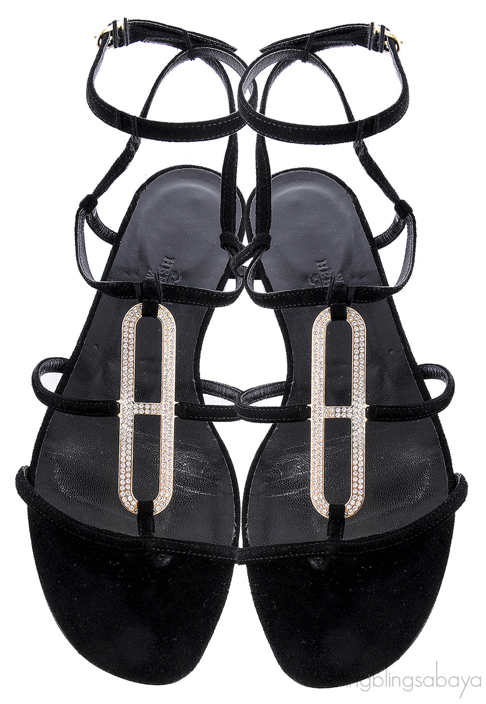 Black Suede Strass Flat Sandals