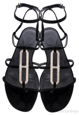 Black Suede Strass Flat Sandals