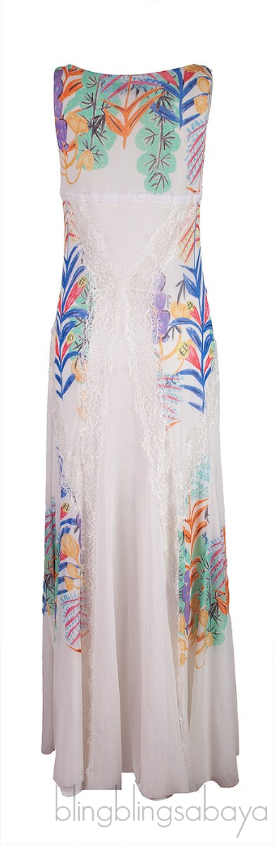 White Printed Sleeveless Lace Trim Dress