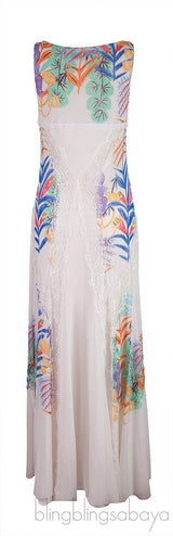 White Printed Sleeveless Lace Trim Dress
