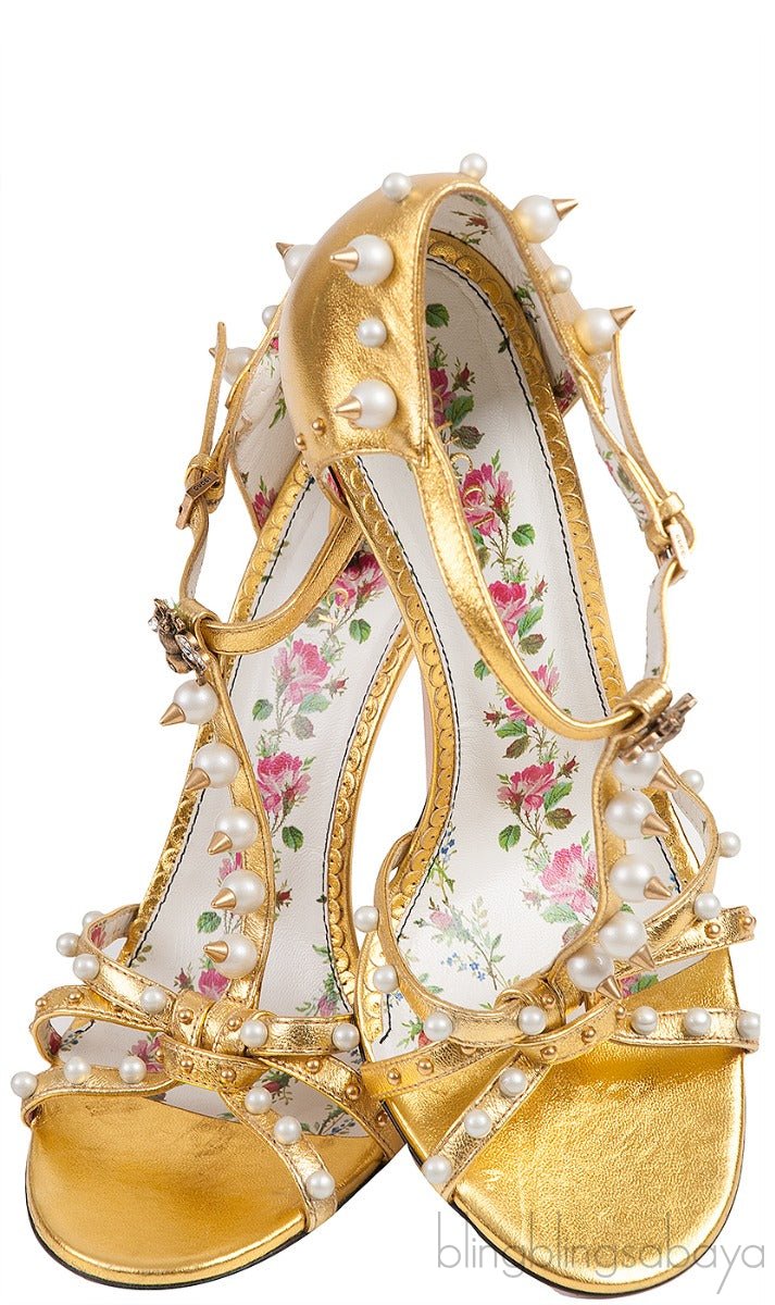 Gold Leather Pearl Trim Sandals