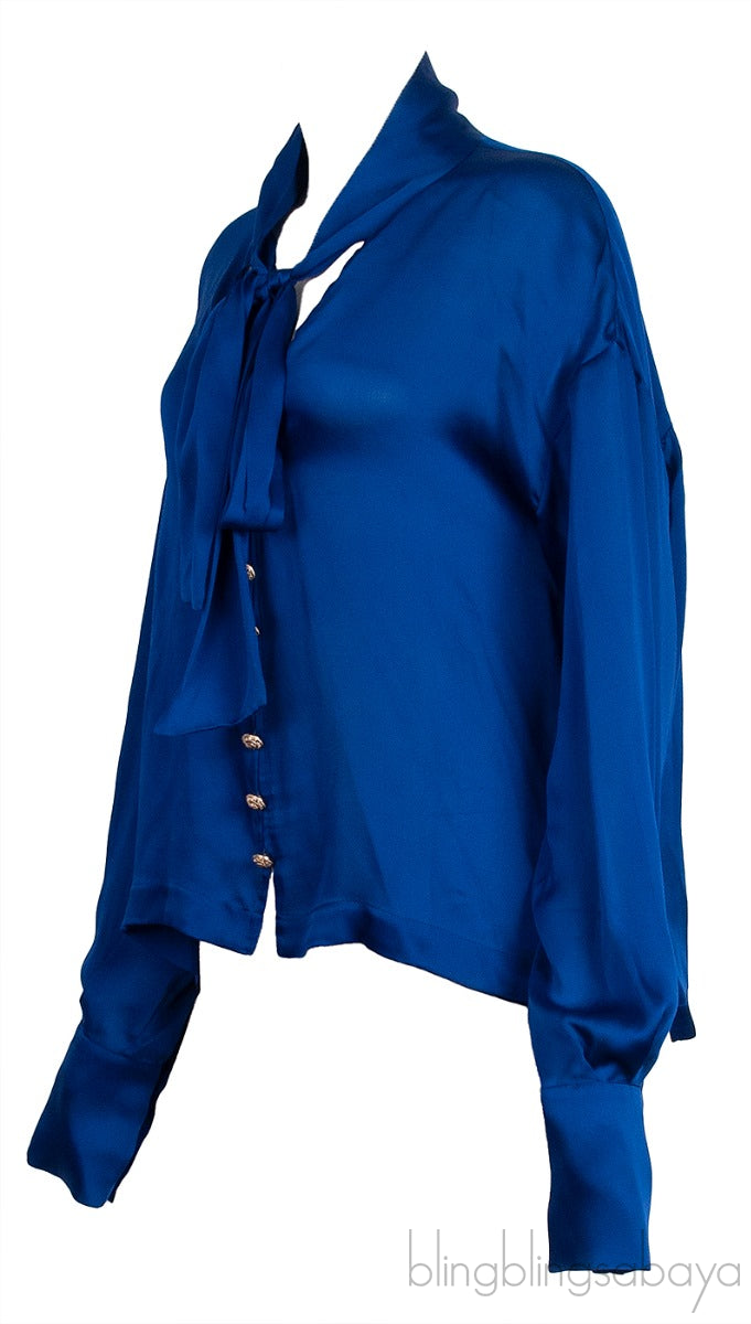 Blue Self-tie Silk Longsleeve Shirt