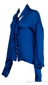 Blue Self-tie Silk Longsleeve Shirt