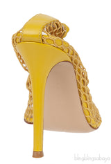 Mustard Leather Trimmed Fishnet Pump