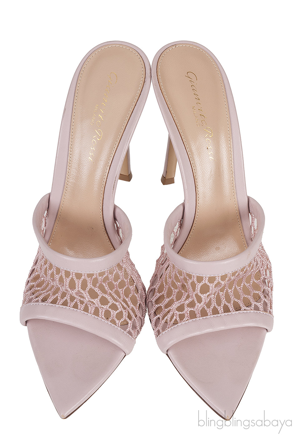Pink Fishnet Leather Trimmed Mules