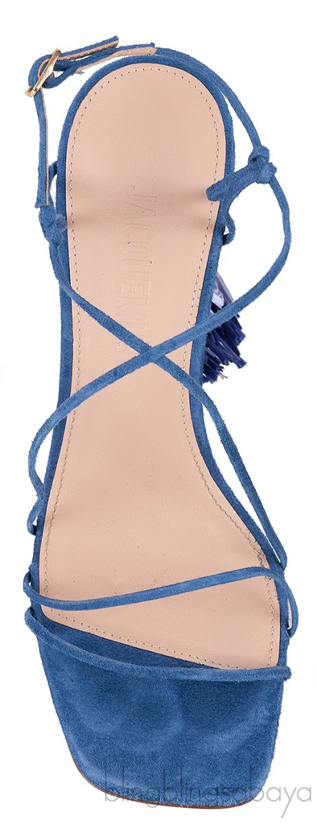 Jacquemus Blue Raffia Pompom Heel Suede Sandals