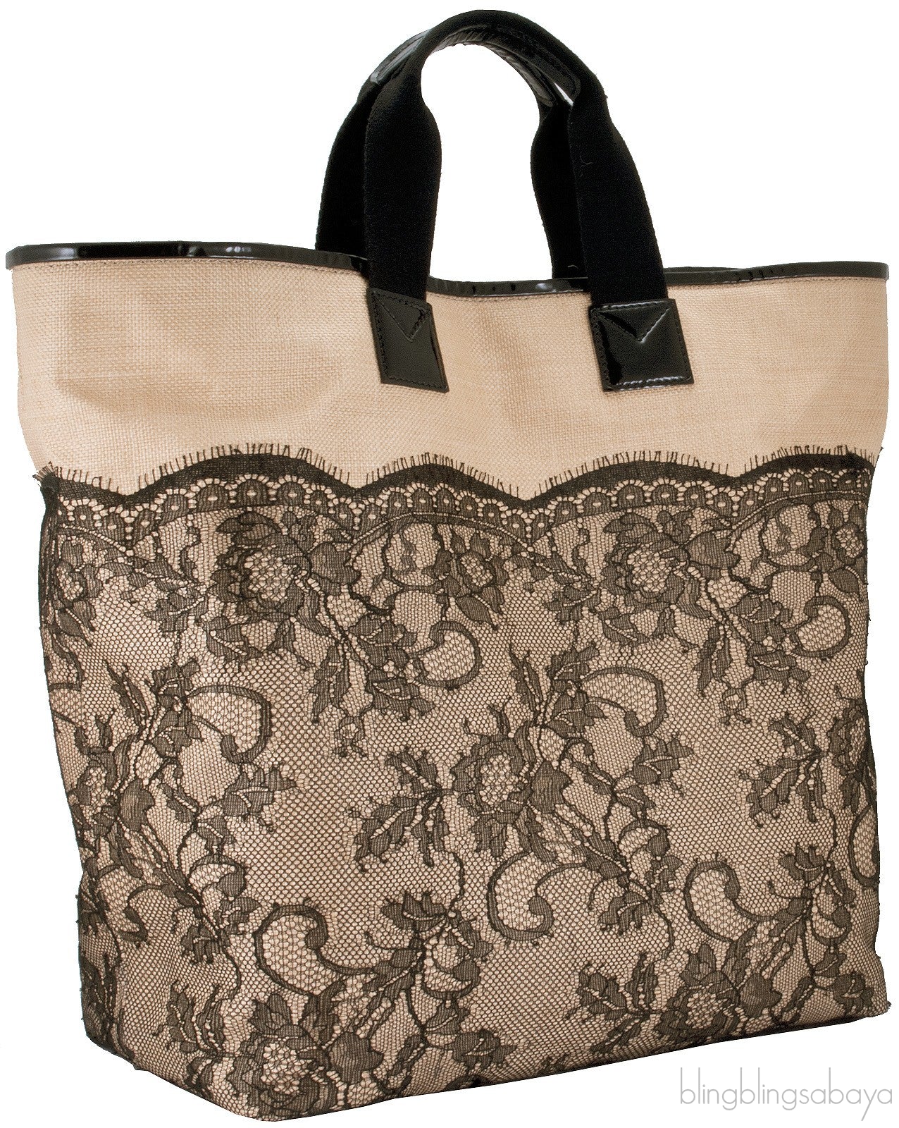 Beige Lace-appliquéd Raffia Tote