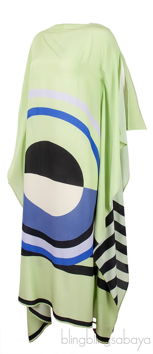 Leaf Green Printed Silk Kaftan Dress
