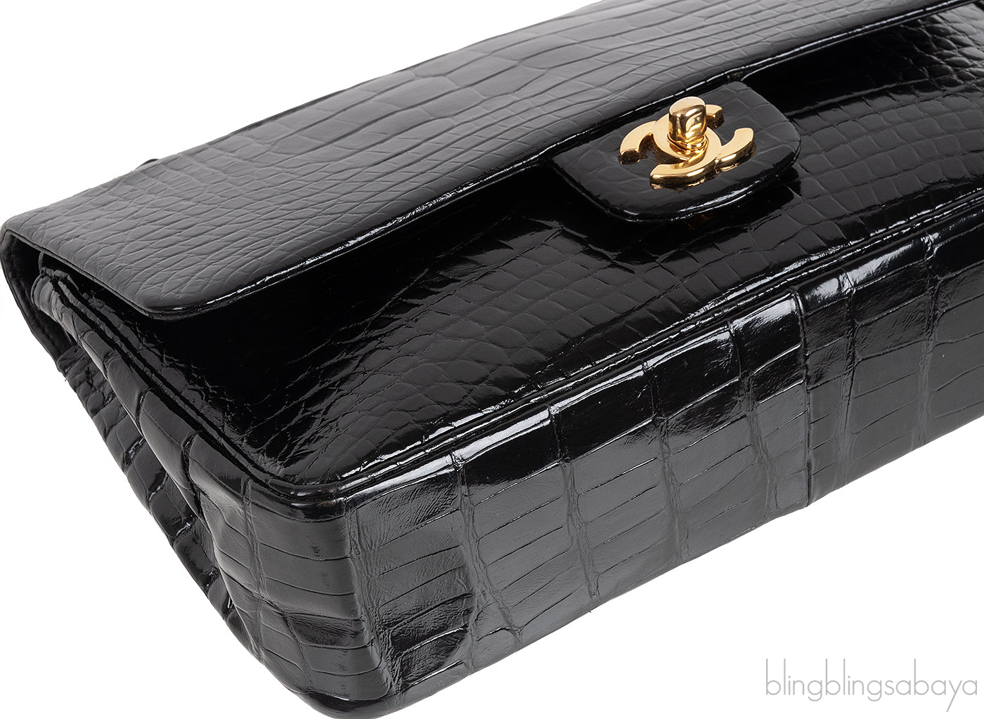 Vintage Black Patent Crocodile Medium Double Flap Bag GHW