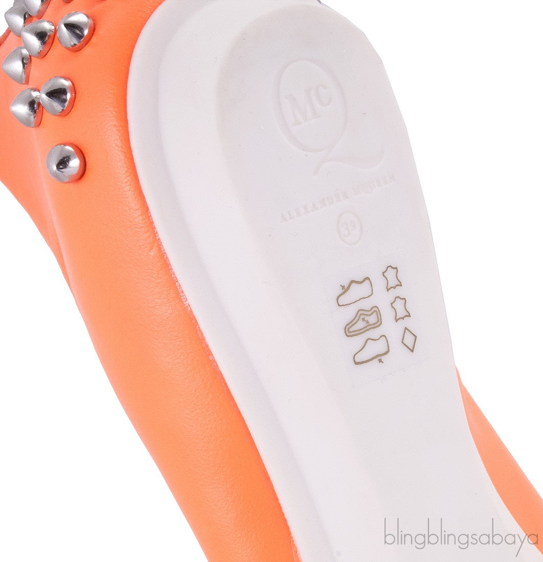 Studded Neon Orange Leather Flat