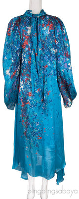 Ocean-Floral Charmeuse Midi-Dress