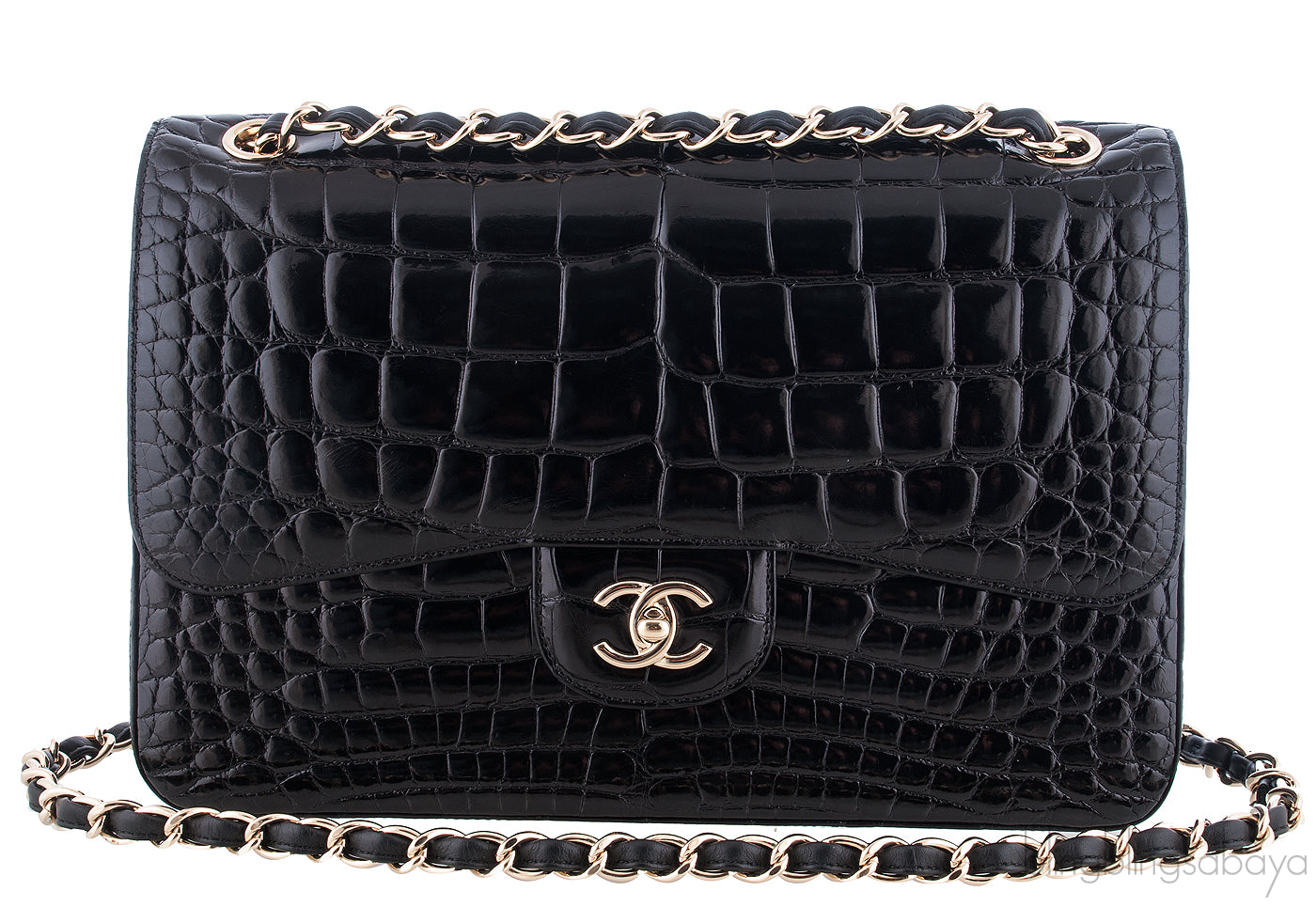 Black Patent Crocodile Flap Bag