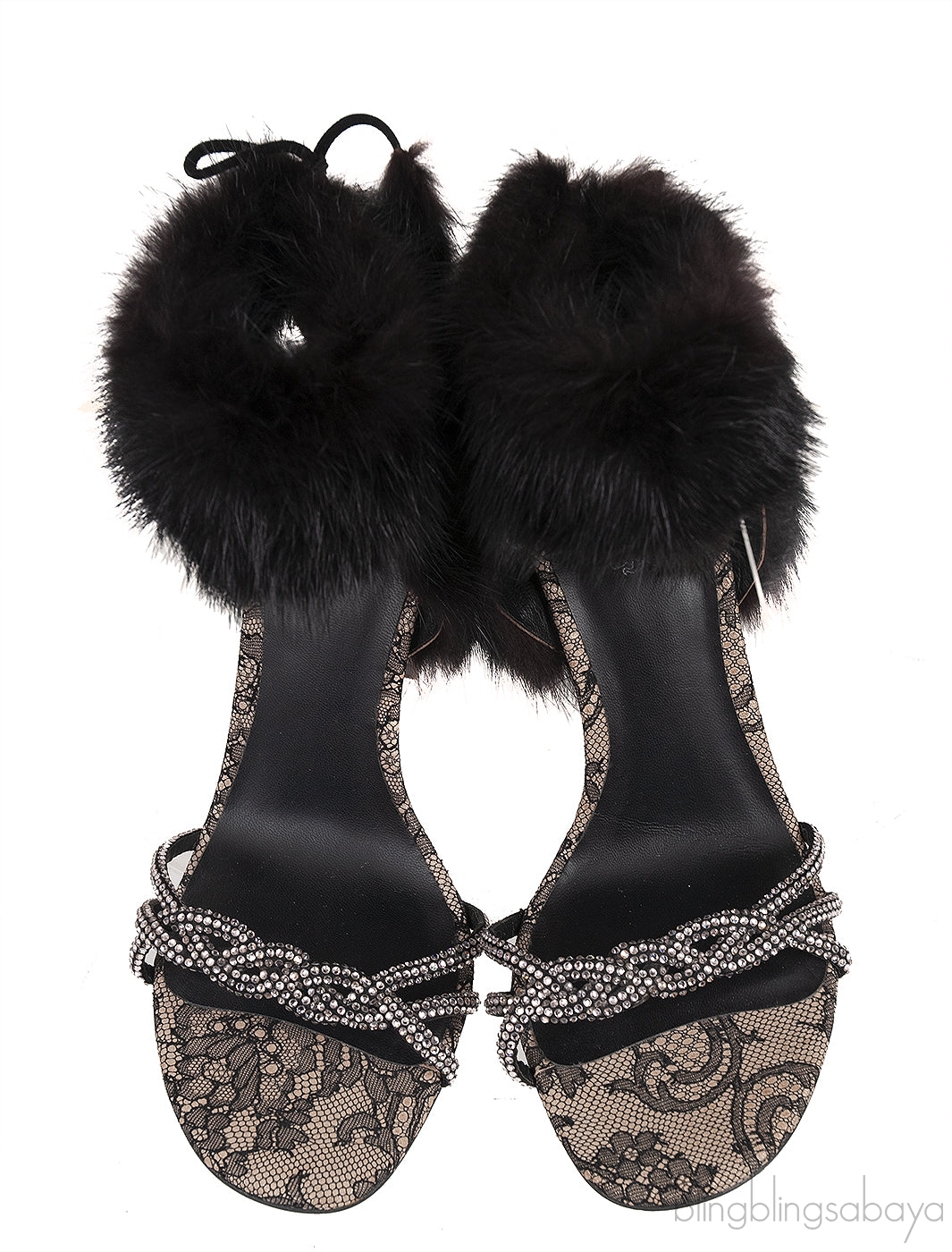 Lace and Fur Crystal Slingback Sandals