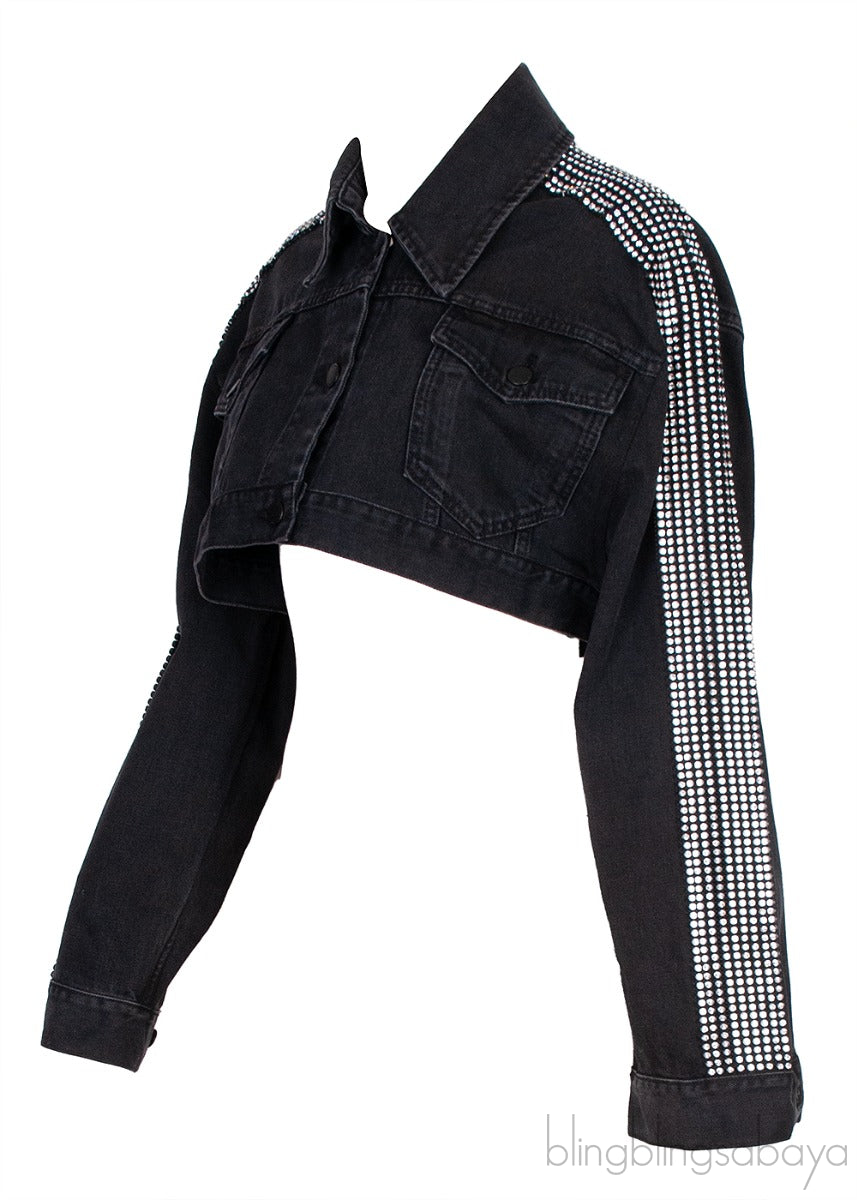 Black Denim Crystal Shoulder Crop Jacket