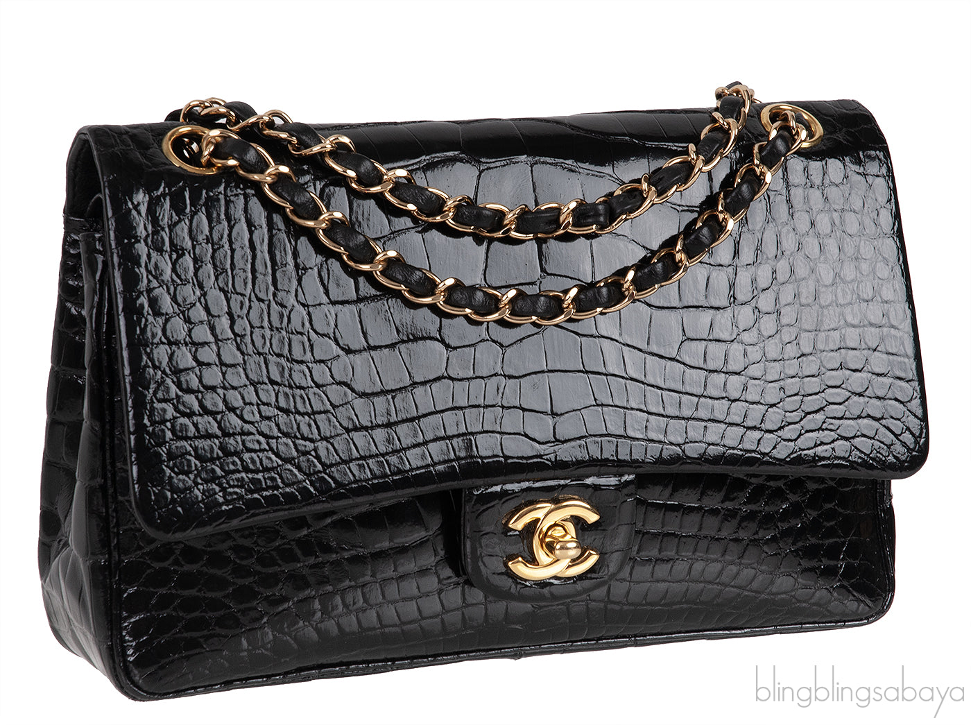 Vintage Black Patent Crocodile Medium Double Flap Bag GHW