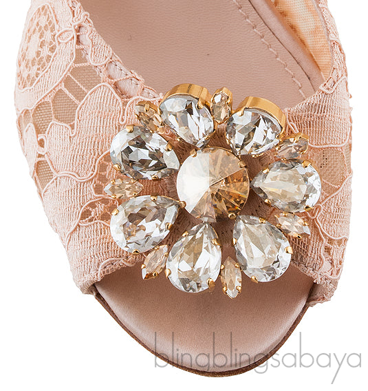 Beige Lace Crystal Vamp Slip-on Sandals