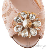 Beige Lace Crystal Vamp Slip-on Sandals