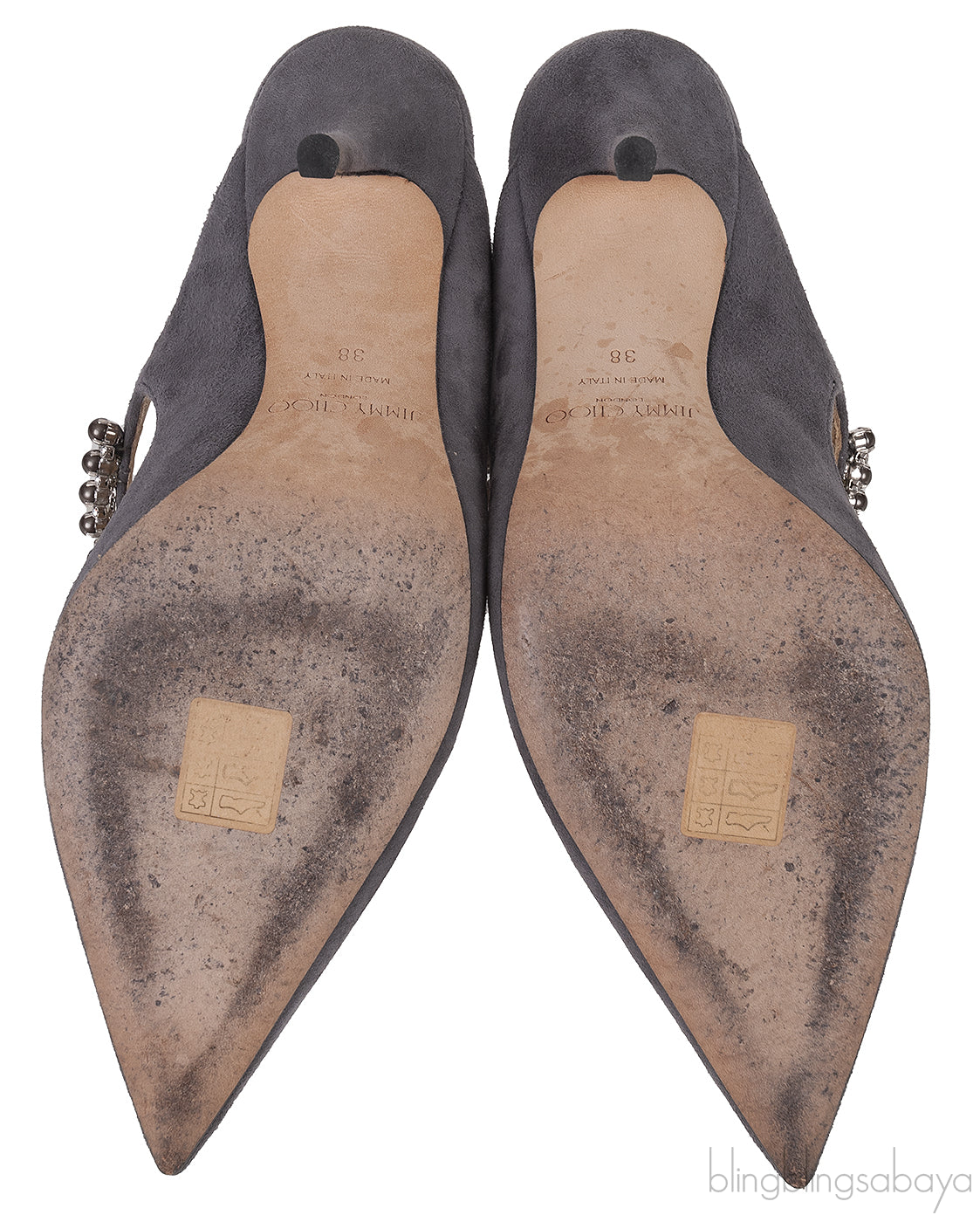 Jimmy Choo Grey Suede Bing Crystal Leather 100mm Crystal Mules