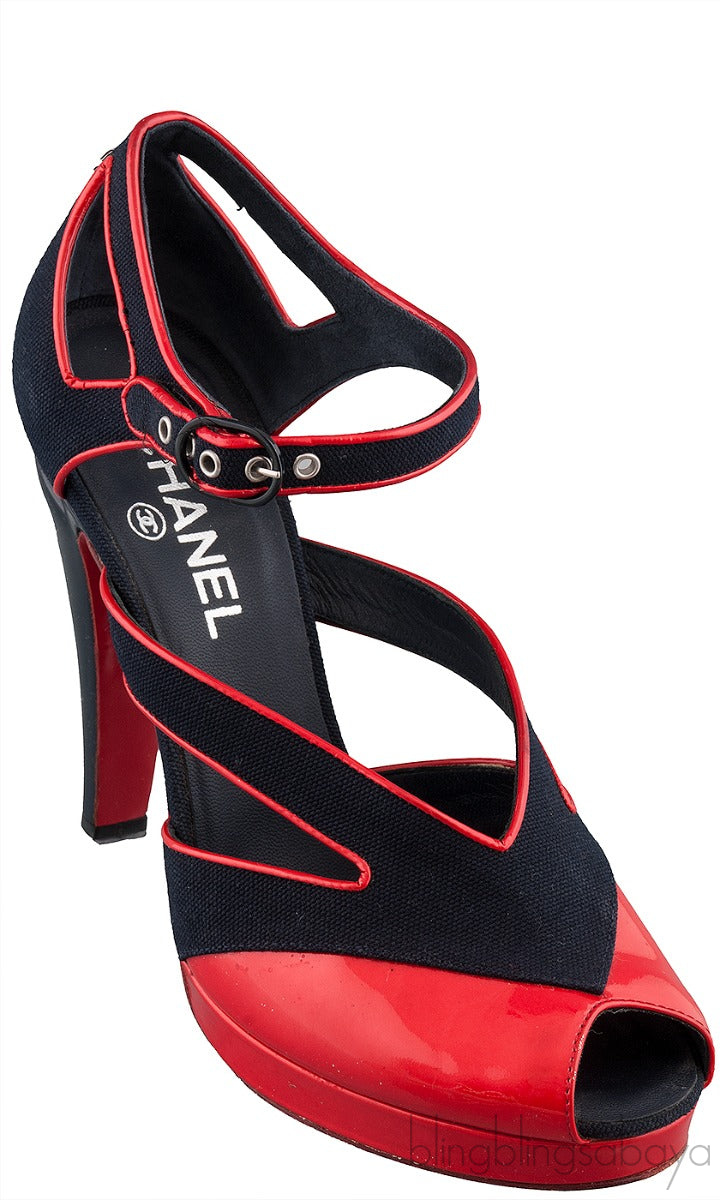 Blue Red Trim Leather Heels