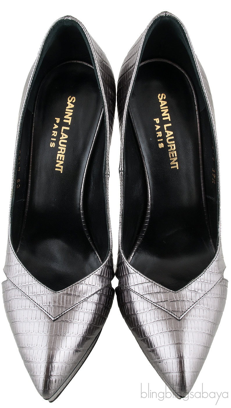 Yves Saint Laurent Gun Metal Lizard Print Pointed Pump
