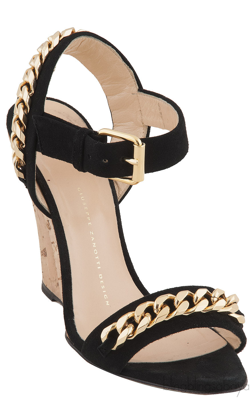 Black Suede Chain Wedge Sandals