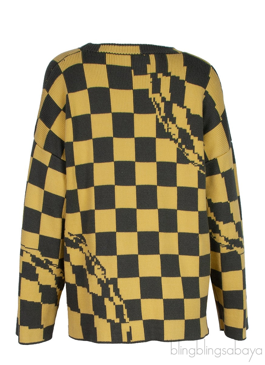 Yellow & Grey Check Knitted  Sweatshirt